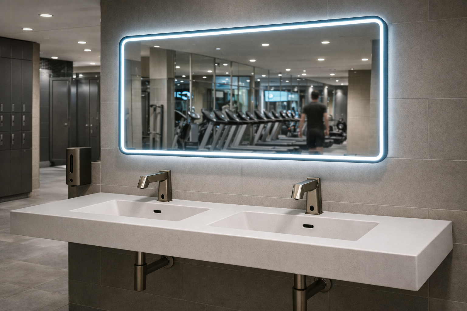Campus restroom with brushed nickel sensor faucets and soap dispensers